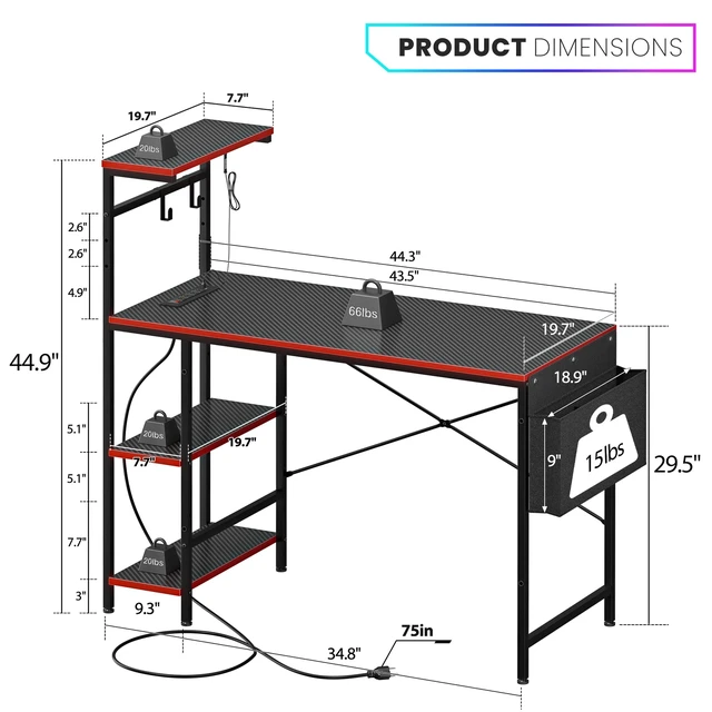 Alt view image 2 of 7 - 44" Computer Desk w/ Power Outlets Led Desk 4 Tiers Reversible Shelf Hook & Side
