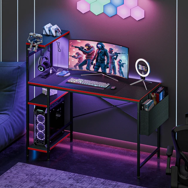Alt view image 4 of 7 - 44" Computer Desk w/ Power Outlets Led Desk 4 Tiers Reversible Shelf Hook & Side