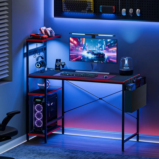 Alt view image 7 of 7 - 44" Computer Desk w/ Power Outlets Led Desk 4 Tiers Reversible Shelf Hook & Side