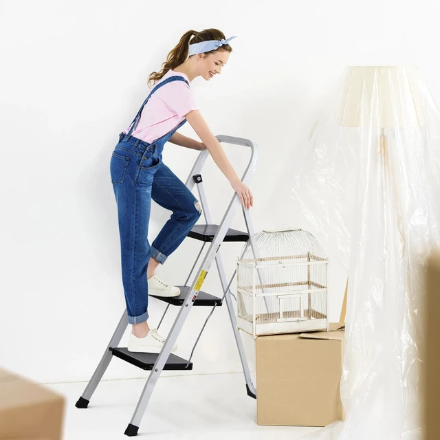 Alt view image 6 of 7 - 3 Steps Ladder Folding Anti-Slip Safety Folding Steel Wide Pedal 350Lbs Load