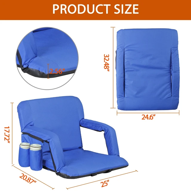 Alt view image 2 of 7 - Reclining Stadium Seat Chair with Backrest & Armrests Cushion for Bleachers Blue
