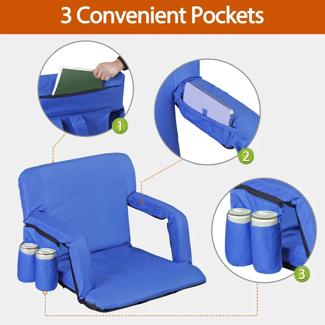 Alt view image 3 of 7 - Reclining Stadium Seat Chair with Backrest & Armrests Cushion for Bleachers Blue