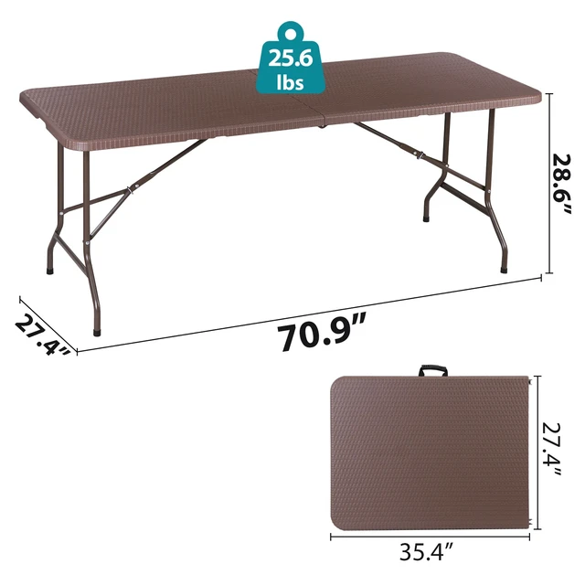 Alt view image 2 of 7 - 6ft Folding Table Fold-in-Half Picnic Party Camping Tables w/ Handle Brown