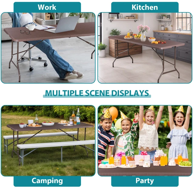 Alt view image 3 of 7 - 6ft Folding Table Fold-in-Half Picnic Party Camping Tables w/ Handle Brown