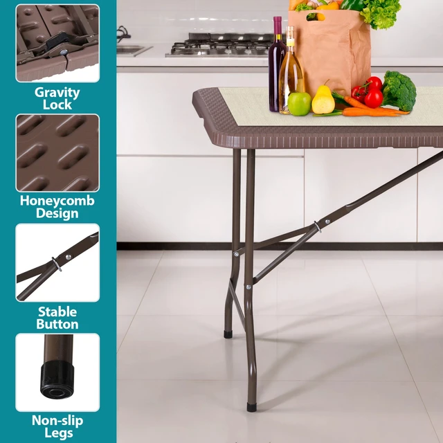 Alt view image 5 of 7 - 6ft Folding Table Fold-in-Half Picnic Party Camping Tables w/ Handle Brown