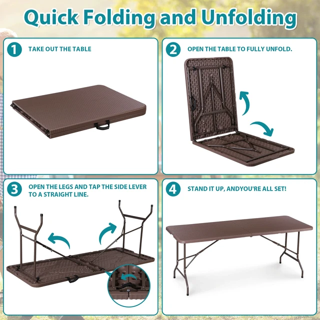 Alt view image 7 of 7 - 6ft Folding Table Fold-in-Half Picnic Party Camping Tables w/ Handle Brown