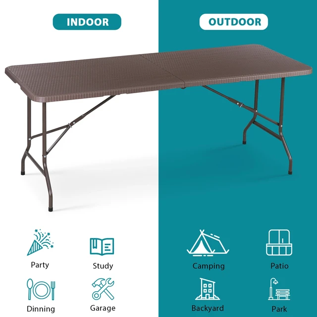 Alt view image 6 of 7 - 6ft Folding Table Fold-in-Half Picnic Party Camping Tables w/ Handle Brown