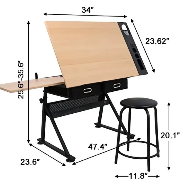 Alt view image 5 of 7 - Drafting Drawing Table Tiltable Tabletop, Adjustable Height, Edge Stopper