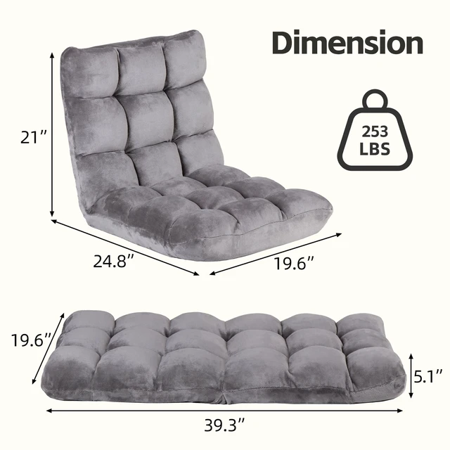 Alt view image 3 of 7 - Floor Gaming Chair Adjustable 14-Position Sleeper Bed Couch Recliner Gray