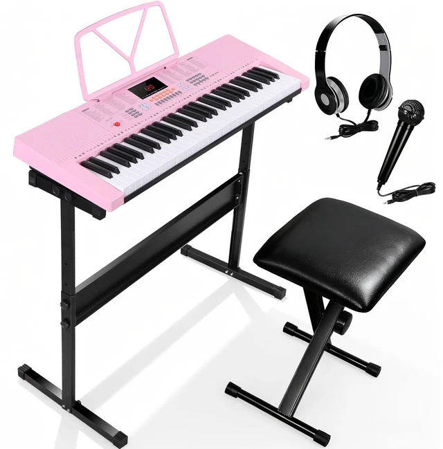 Main image of 61 Key Electronic Keyboard Piano Organ w/ Microphone Stand Stool Earphone Pink