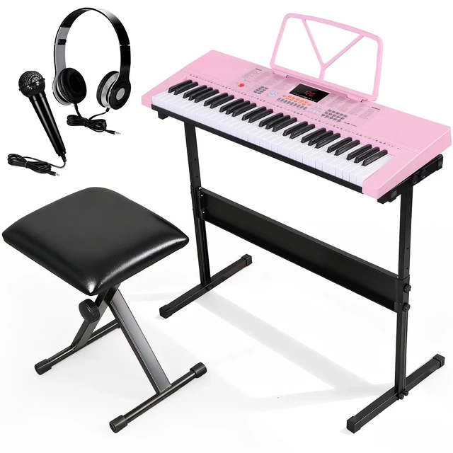Alt view image 2 of 7 - 61 Key Electronic Keyboard Piano Organ w/ Microphone Stand Stool Earphone Pink