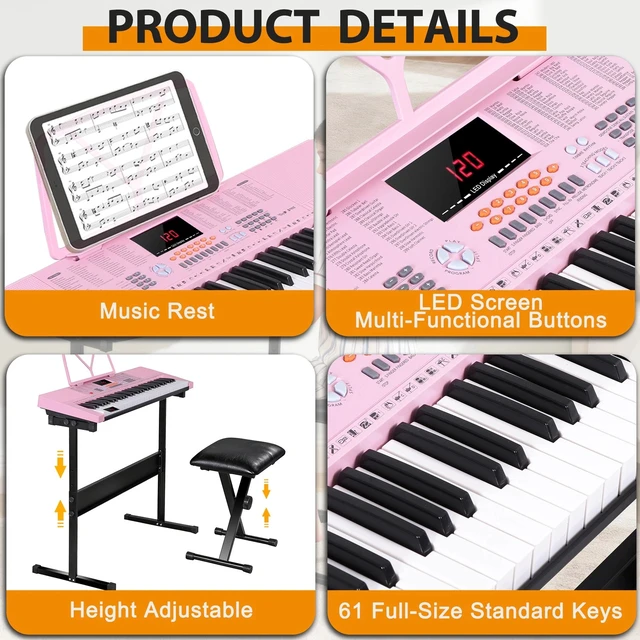 Alt view image 3 of 7 - 61 Key Electronic Keyboard Piano Organ w/ Microphone Stand Stool Earphone Pink