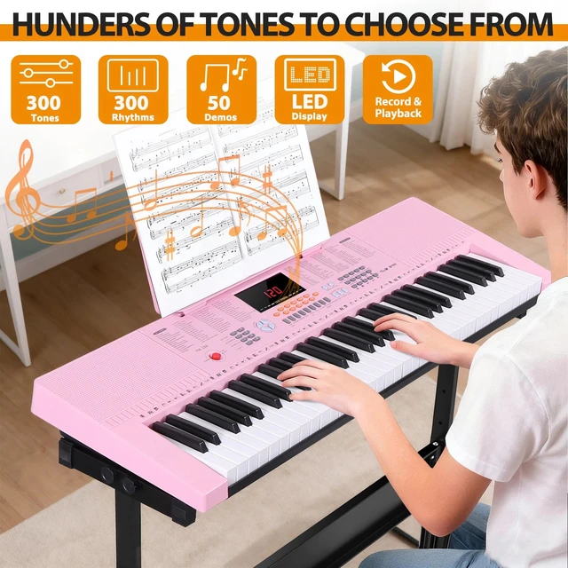 Alt view image 4 of 7 - 61 Key Electronic Keyboard Piano Organ w/ Microphone Stand Stool Earphone Pink