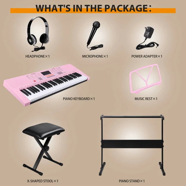 Alt view image 5 of 7 - 61 Key Electronic Keyboard Piano Organ w/ Microphone Stand Stool Earphone Pink