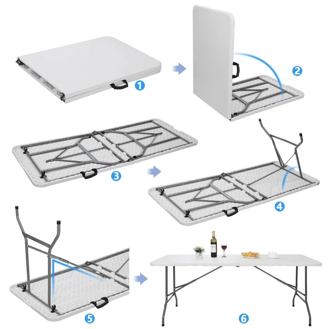 Alt view image 6 of 7 - 6FT HDPE White Folding Table Fold-in-Half 220lbs Load Indoor Outdoor Picnic Park