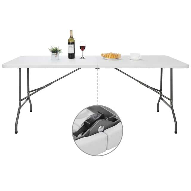 Alt view image 3 of 7 - 6FT HDPE White Folding Table Fold-in-Half 220lbs Load Indoor Outdoor Picnic Park
