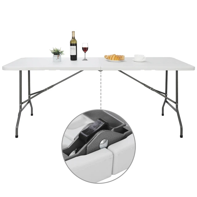 Alt view image 4 of 7 - 6FT HDPE White Folding Table Fold-in-Half 220lbs Load Indoor Outdoor Picnic Park
