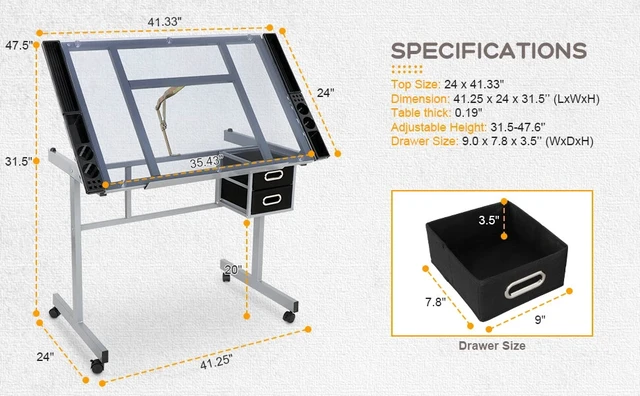 Alt view image 3 of 7 - Drafting Table on Wheels Adjustable Glass Tabletop Drawing Desk w/Storage Drawer