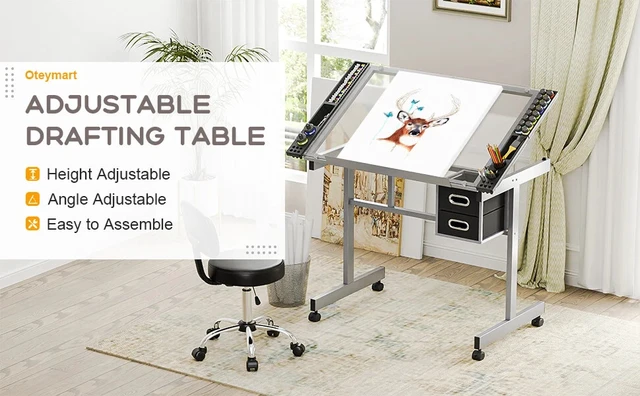 Alt view image 4 of 7 - Drafting Table on Wheels Adjustable Glass Tabletop Drawing Desk w/Storage Drawer