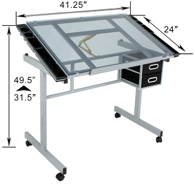 Alt view image 6 of 7 - Drafting Table on Wheels Adjustable Glass Tabletop Drawing Desk w/Storage Drawer