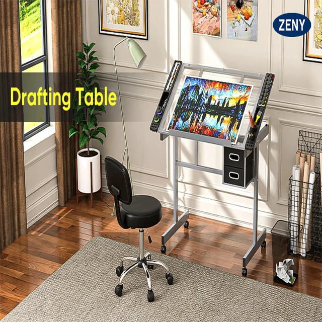 Alt view image 2 of 7 - Drafting Table on Wheels Adjustable Glass Tabletop Drawing Desk w/Storage Drawer