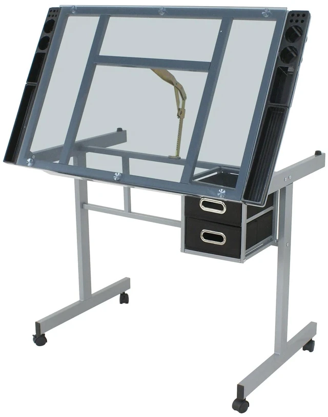 Alt view image 7 of 7 - Drafting Table on Wheels Adjustable Glass Tabletop Drawing Desk w/Storage Drawer