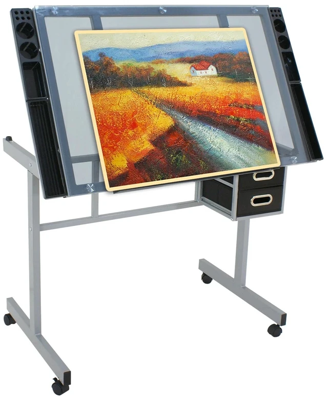 Alt view image 5 of 7 - Drafting Table on Wheels Adjustable Glass Tabletop Drawing Desk w/Storage Drawer