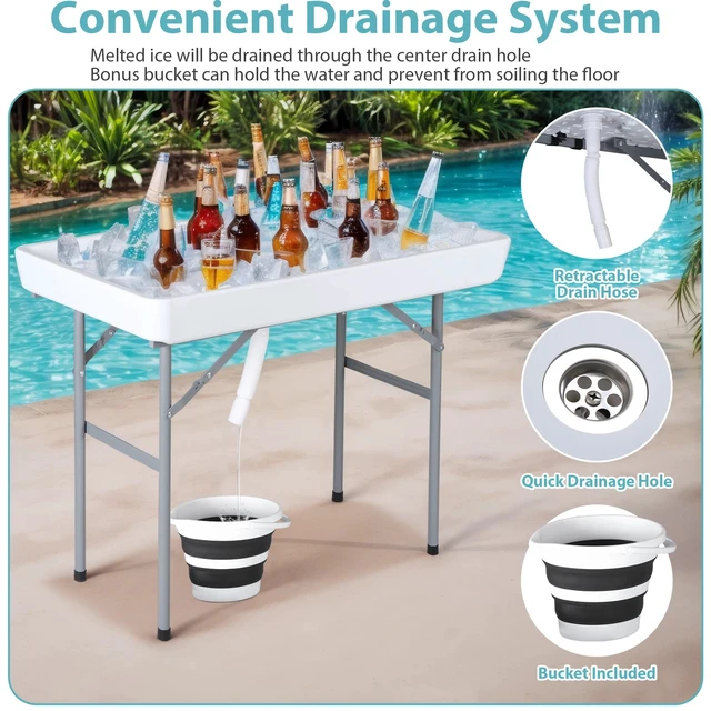 Alt view image 4 of 7 - Party Ice Cooler Folding Table w/ 5L Bucket Portable Outdoor Cooler Table White