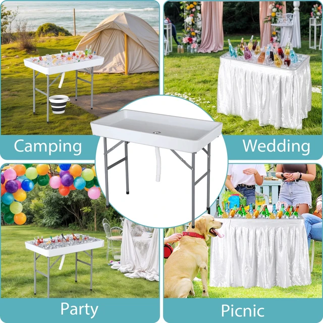 Alt view image 7 of 7 - Party Ice Cooler Folding Table w/ 5L Bucket Portable Outdoor Cooler Table White