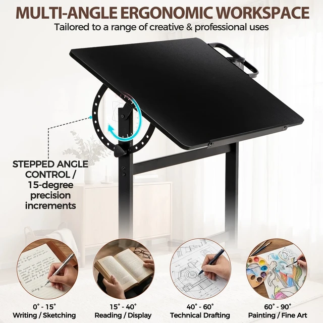 Alt view image 3 of 7 - 36" Drafting Table with 0-90° Tilting Desktop and Side Pencil Cup Black Finish