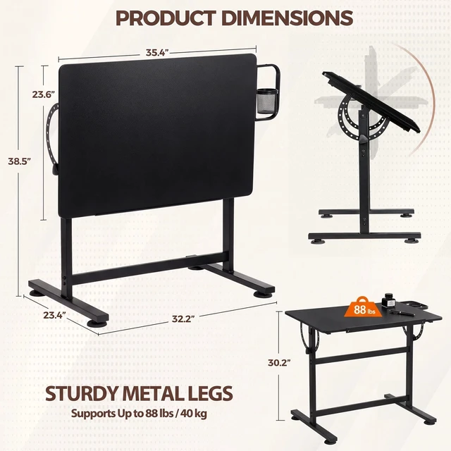 Alt view image 2 of 7 - 36" Drafting Table with 0-90° Tilting Desktop and Side Pencil Cup Black Finish