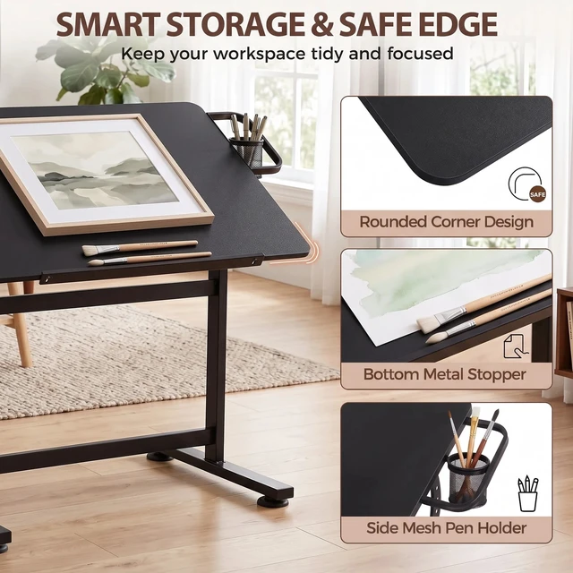 Alt view image 4 of 7 - 36" Drafting Table with 0-90° Tilting Desktop and Side Pencil Cup Black Finish