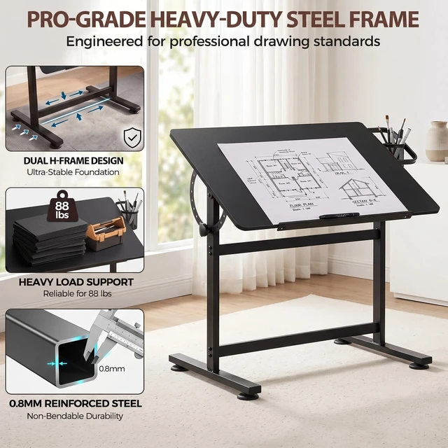 Alt view image 5 of 7 - 36" Drafting Table with 0-90° Tilting Desktop and Side Pencil Cup Black Finish