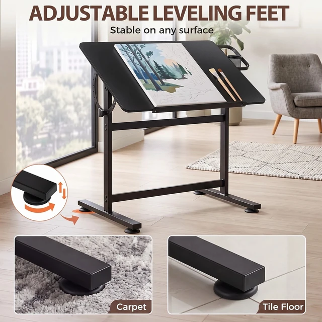 Alt view image 6 of 7 - 36" Drafting Table with 0-90° Tilting Desktop and Side Pencil Cup Black Finish