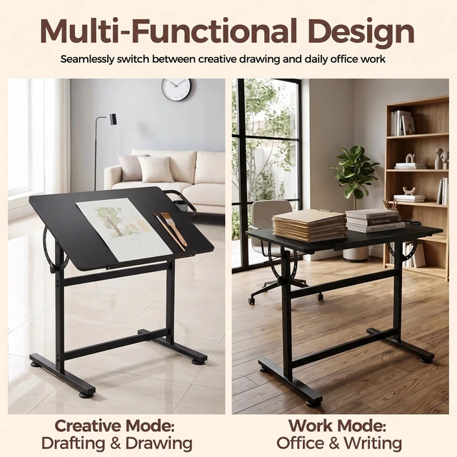 Alt view image 7 of 7 - 36" Drafting Table with 0-90° Tilting Desktop and Side Pencil Cup Black Finish