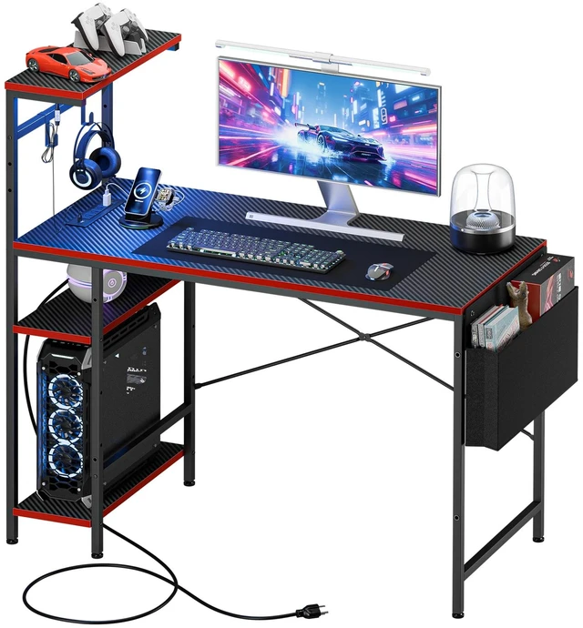 Main image of Gaming Desk with Power Outlet & LED Light 44 Inch Computer Office Desk with Hook