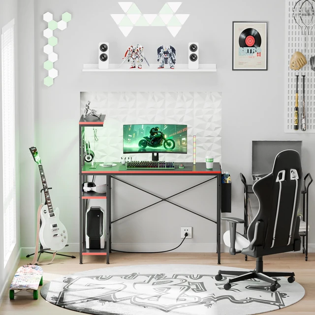 Alt view image 2 of 7 - Gaming Desk with Power Outlet & LED Light 44 Inch Computer Office Desk with Hook