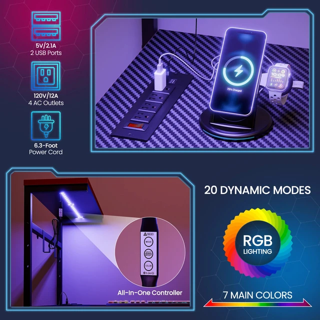 Alt view image 5 of 7 - Gaming Desk with Power Outlet & LED Light 44 Inch Computer Office Desk with Hook
