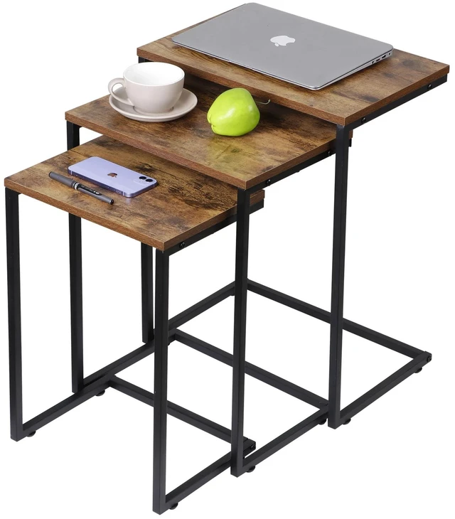 Main image of Nesting Side Tables Set of 3 C Shaped End Table Set Stackable Coffee Table Brown