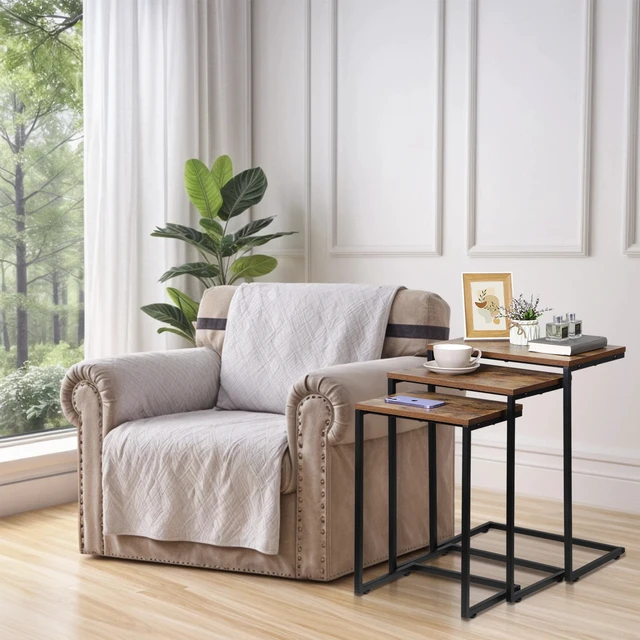 Alt view image 2 of 7 - Nesting Side Tables Set of 3 C Shaped End Table Set Stackable Coffee Table Brown