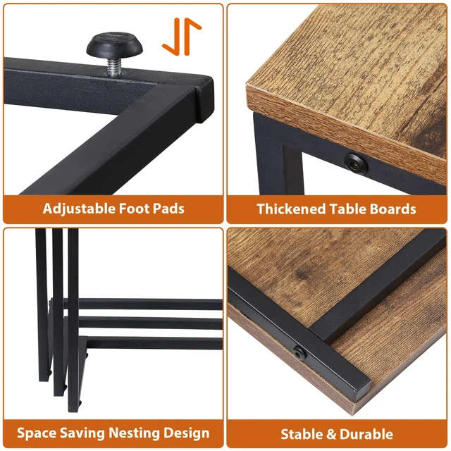 Alt view image 6 of 7 - Nesting Side Tables Set of 3 C Shaped End Table Set Stackable Coffee Table Brown