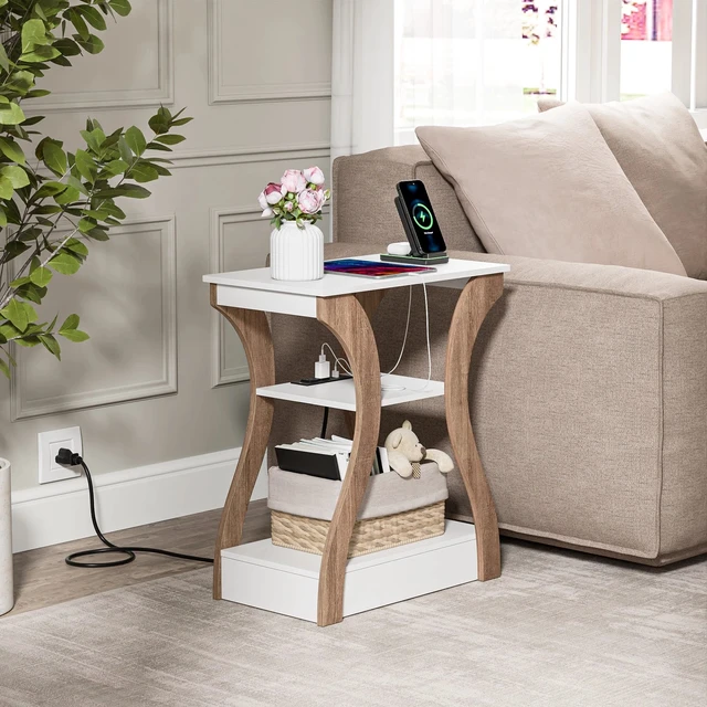 Alt view image 2 of 7 - 3 Tier End Tables with Charging Station Side Table with USB Ports & Outlet White