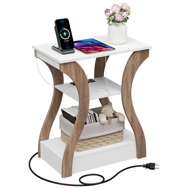 Alt view image 6 of 7 - 3 Tier End Tables with Charging Station Side Table with USB Ports & Outlet White