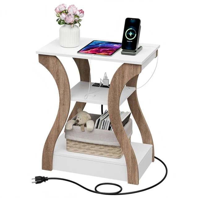 Alt view image 7 of 7 - 3 Tier End Tables with Charging Station Side Table with USB Ports & Outlet White