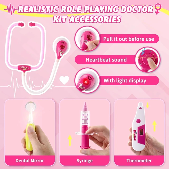 Alt view image 5 of 6 - Doctor Kit for Kids Pink 30Pcs Pretend Playset for Kids Doctor kit with suitcase