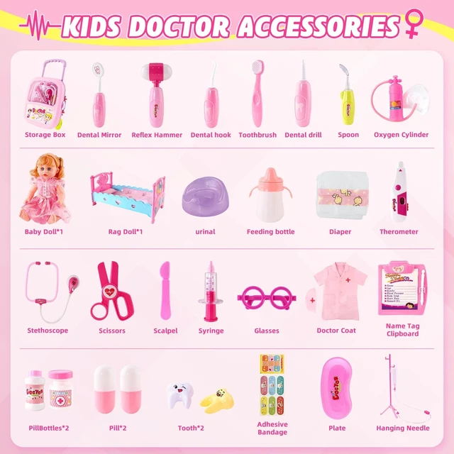 Alt view image 6 of 6 - Doctor Kit for Kids Pink 30Pcs Pretend Playset for Kids Doctor kit with suitcase