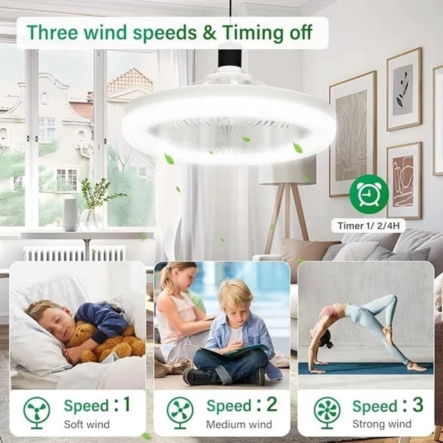 Alt view image 7 of 7 - Fan For E27 Socket Light With Remote Ceiling Fan Adjustable Smart LED 3 Speed