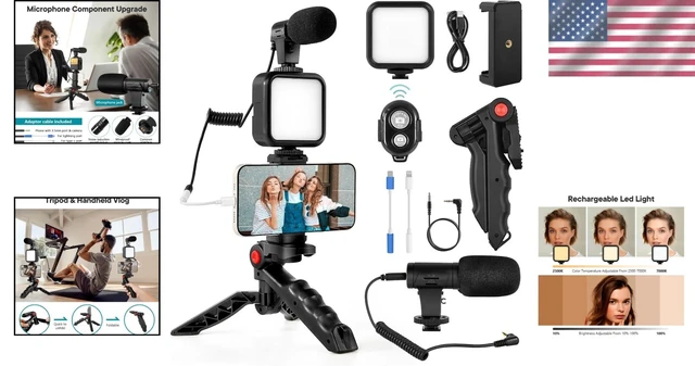 Alt view image 2 of 7 - Complete Vlogging Setup: Tripod, Adjustable LED Light, and Microphone for Phones