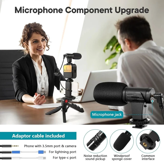 Alt view image 4 of 7 - Complete Vlogging Setup: Tripod, Adjustable LED Light, and Microphone for Phones