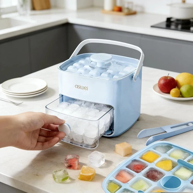 Alt view image 7 of 7 - Compact Stackable Ice Cube Trays with Bin & Lid - Perfect for Small Freezers